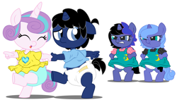 Size: 10600x6000 | Tagged: safe, artist:evilfrenzy, character:princess flurry heart, character:princess luna, oc, oc:cruithne, oc:frenzy, parent:oc:frenzy, parent:princess luna, parents:canon x oc, parents:fruna, species:alicorn, species:anthro, species:pony, species:unguligrade anthro, species:unicorn, age regression, angry, anthro oc, baby, diaper, female, filly, foal, fruna, jealous, offspring, rugrats, woona, younger