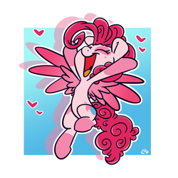Size: 1500x1500 | Tagged: safe, artist:lou, character:pinkie pie, species:pegasus, species:pony, g5 leak, leak, abstract background, cheering, cute, dappled, diapinkes, eyes closed, female, flying, happy, heart, mare, open mouth, pegasus pinkie pie, pinkie pie (g5), shadow, smiling, solo, spread wings, wings