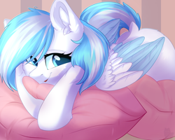 Size: 2500x2000 | Tagged: safe, artist:alphadesu, oc, oc only, oc:contrail skies, species:pegasus, species:pony, cheek fluff, colored wings, colored wingtips, cute, ear fluff, female, mare, ocbetes, pillow, prone, raised tail, smiling, solo, tail