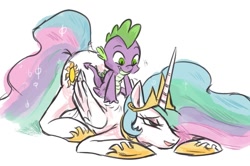 Size: 666x442 | Tagged: safe, artist:herny, character:princess celestia, character:spike, species:alicorn, species:dragon, species:pony, back scratching, cute, cutelestia, female, male, mare, massage, open mouth, simple background, spike you lucky bastard, white background
