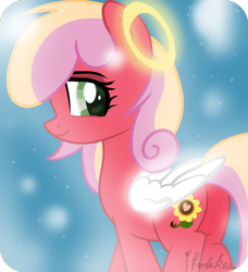 Size: 740x811 | Tagged: safe, artist:ipandacakes, oc, oc:gala blossom, parent:big macintosh, parent:cheerilee, parents:cheerimac, species:earth pony, species:pony, angel, female, halo, mare, offspring, plot, shy, solo