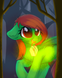Size: 2000x2500 | Tagged: safe, artist:alphadesu, oc, oc only, oc:watermelon frenzy, species:bat pony, adorable face, amazed, cute, eyelashes, fangs, floppy ears, food, forest, lantern, light, night, open mouth, surprised, tree, watermelon, wings, ych result