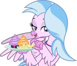 Size: 2000x1711 | Tagged: safe, artist:phucknuckl, character:applejack, character:silverstream, character:twilight sparkle, episode:she's all yak, g4, my little pony: friendship is magic, bedroom eyes, chips, creepypasta, cupcake, food, gift art, inkscape, plate, potato chips, simple background, transparent background, vector