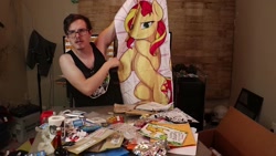 Size: 1920x1080 | Tagged: safe, artist:theparagon, character:sunset shimmer, species:human, species:pony, species:unicorn, bad unboxing, bedroom eyes, body pillow, female, idubbbz, irl, irl human, mare, photo, youtube link, youtuber