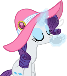 Size: 4240x4758 | Tagged: safe, artist:ironm17, character:rarity, species:pony, species:unicorn, episode:sweet and elite, g4, my little pony: friendship is magic, clothing, cup, drinking, eyes closed, eyeshadow, female, hat, makeup, simple background, sitting, solo, transparent background, vector