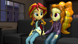 Size: 1920x1080 | Tagged: safe, artist:razethebeast, character:adagio dazzle, character:sunset shimmer, ship:sunsagio, my little pony:equestria girls, 3d, clothing, couch, female, holding hands, hoodie, indoors, lesbian, pants, shipping, sitting, source filmmaker