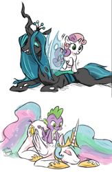 Size: 666x1021 | Tagged: safe, artist:herny, character:princess celestia, character:queen chrysalis, character:spike, character:sweetie belle, species:alicorn, species:changeling, species:dragon, species:pony, species:unicorn, back scratching, changeling queen, cutie mark, eyes closed, fangs, female, horn, jewelry, male, massage, regalia, smiling, wings