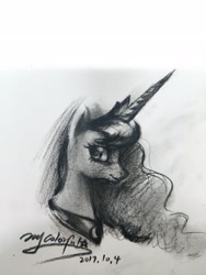 Size: 1536x2048 | Tagged: safe, artist:oofycolorful, character:princess luna, species:alicorn, species:pony, black and white, bust, female, grayscale, mare, monochrome, pencil drawing, portrait, simple background, solo, traditional art