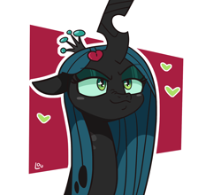 Size: 1650x1454 | Tagged: safe, artist:lou, character:queen chrysalis, species:changeling, abstract background, bust, changeling queen, crown, cute, cutealis, female, hair accessory, hairclip, heart, jewelry, portrait, regalia, solo