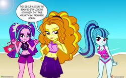 Size: 1500x927 | Tagged: safe, artist:dieart77, character:adagio dazzle, character:aria blaze, character:sonata dusk, equestria girls:rainbow rocks, g4, my little pony: equestria girls, my little pony:equestria girls, beach, belly button, breasts, cleavage, clothing, dialogue, female, insult, looking at you, midriff, ocean, one-piece swimsuit, pigtails, ponytail, radio, sand, sarong, smiling, speech bubble, swimsuit, the dazzlings, twintails