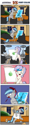 Size: 1256x5160 | Tagged: safe, artist:pencil bolt, oc, oc:artstina, oc:dusty color, species:earth pony, species:pegasus, species:pony, comic:artistina vs dust color, apple, beret, clothing, comic, drawing, dustina, female, food, hat, male, paint, paris, smiling