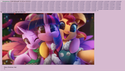 Size: 1305x744 | Tagged: safe, artist:light262, edit, character:starlight glimmer, character:sunset shimmer, character:twilight sparkle, character:twilight sparkle (alicorn), species:alicorn, species:pony, species:unicorn, /mlp/, 4chan, c:, cape, cheek fluff, christmas, christmas tree, clothing, cute, ear fluff, female, fluffy, glimmerbetes, happy, hnnng, holiday, hug, leg fluff, looking at you, mare, one eye closed, open mouth, right neighborhood, scarf, selfie, shimmerbetes, side hug, smiling, sparkles, sweater, tree, trio, twiabetes, wink