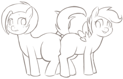Size: 1000x642 | Tagged: safe, artist:redintravenous, character:babs seed, character:scootaloo, species:pegasus, species:pony, babscoot, butt bump, butt to butt, butt touch