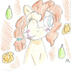 Size: 840x844 | Tagged: safe, artist:ptitemouette, character:pear butter, species:earth pony, species:pony, food, one eye closed, pear, traditional art, wink
