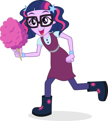 Size: 3756x4235 | Tagged: safe, artist:punzil504, base used, character:twilight sparkle, character:twilight sparkle (scitwi), species:eqg human, my little pony:equestria girls, adorkable, boots, clothing, cotton candy, cute, dork, dress, female, glasses, leggings, shoes, simple background, smiling, solo, transparent background, younger