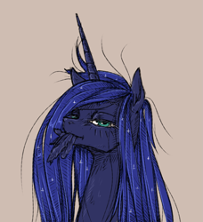 Size: 1327x1452 | Tagged: safe, artist:madhotaru, character:princess luna, species:alicorn, species:pony, bust, feather, female, implied preening, lidded eyes, looking at you, mare, messy mane, mouth hold, portrait, solo