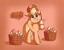 Size: 1080x851 | Tagged: safe, artist:manny-mg, artist:typhwosion, character:applejack, species:earth pony, species:pony, alternate eye color, apple, bucket, cute, dialogue, female, food, howdy, jackabetes, looking at you, mare, solo, straw in mouth