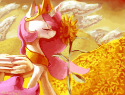 Size: 1307x1000 | Tagged: safe, artist:mewball, character:princess celestia, eyes closed, female, flower, profile, smiling, solo, sunflower