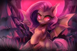 Size: 1800x1200 | Tagged: safe, artist:oofycolorful, character:flutterbat, character:fluttershy, species:bat pony, species:pony, bat ponified, fangs, female, looking at you, mare, moon, race swap, slit eyes, slit pupils, solo