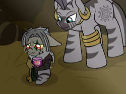 Size: 1600x1200 | Tagged: safe, artist:jolliapplegirl, character:zecora, oc, oc:anansi, parent:discord, parent:zecora, parents:zecord, species:draconequus, species:pony, species:zebra, blood, crying, draconequus hybrid, draconequus oc, female, foal, hybrid, interspecies offspring, jar, male, mare, mother and son, next generation, nosebleed, offspring, story included