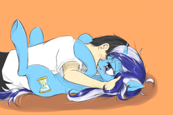 Size: 1008x669 | Tagged: safe, artist:madhotaru, character:minuette, species:human, species:pony, species:unicorn, bedroom eyes, blushing, clothing, cuddling, female, grin, hug, human fetish, human on pony action, human on pony snuggling, legs in air, male, mare, on back, smiling, snuggling, underhoof, wink