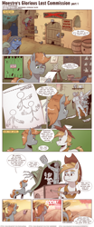 Size: 1318x3168 | Tagged: safe, artist:saturdaymorningproj, oc, oc:longhaul, oc:maestro, species:earth pony, species:human, species:pony, comic:maestro's sculpting career, barrel, cart, comic, craft, desert, dialogue, drawing, explosion, hand, klugetown, klugetowner, male, nuclear explosion, sculpture, speech bubble, stallion, thought bubble, unamused