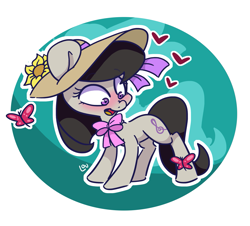 Size: 1603x1449 | Tagged: safe, artist:lou, character:octavia melody, species:earth pony, species:pony, blushing, bow, butterfly, clothing, female, flower, hat, solo, sun hat, sunflower