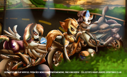 Size: 3500x2125 | Tagged: safe, alternate version, artist:elmutanto, character:rainbow dash, character:rarity, character:spitfire, species:pony, highway, motorcycle, motorcycle outfit, sunset, tracksuit