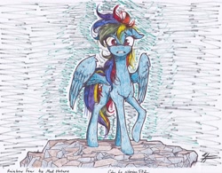 Size: 1627x1269 | Tagged: safe, artist:madhotaru, artist:siberian502, character:rainbow dash, species:pony, abstract background, cliff, colored, female, floppy ears, pencil drawing, rock, scared, solo, traditional art