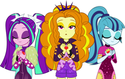 Size: 6000x3802 | Tagged: safe, artist:limedazzle, character:adagio dazzle, character:aria blaze, character:sonata dusk, episode:find the magic, g4, my little pony: equestria girls, my little pony:equestria girls, spoiler:eqg series (season 2), adoragio, ariabetes, clothing, cute, dress, eyes closed, gem, pigtails, ponytail, simple background, singing, siren gem, sonatabetes, taco dress, the dazzlings, the dazzlings have returned, transparent background, twintails, vector
