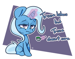 Size: 1722x1373 | Tagged: safe, artist:lou, character:trixie, species:pony, species:unicorn, episode:student counsel, aweeg*, brutal honesty, eating, female, food, glowing horn, horn, lidded eyes, magic, mare, sitting, solo, spoon, telekinesis, unamused
