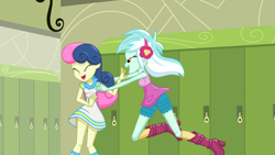 Size: 4624x2601 | Tagged: safe, artist:phucknuckl, character:bon bon, character:lyra heartstrings, character:sweetie drops, ship:lyrabon, my little pony:equestria girls, adorabon, best friends, boots, canterlot high, clothing, cute, dress, eyes closed, female, giggling, happy, headphones, incoming hug, lesbian, lockers, lyrabetes, open mouth, shipping, shoes, shorts, smiling, teenager, vector, wholesome