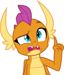 Size: 1196x1400 | Tagged: safe, artist:phucknuckl, character:smolder, species:dragon, episode:father knows beast, g4, my little pony: friendship is magic, claws, dragoness, fangs, female, folded wings, horns, i have several questions, open mouth, raised eyebrow, raised finger, reaction image, sharp teeth, simple background, slit eyes, solo, teenaged dragon, teenager, teeth, transparent background, vector, wings