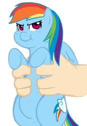 Size: 664x952 | Tagged: safe, artist:elslowmo, artist:redintravenous, character:rainbow dash, species:human, species:pony, :t, chubby, cute, glare, hand, holding a pony, looking at you, puffy cheeks