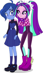 Size: 4175x7000 | Tagged: safe, artist:limedazzle, character:aria blaze, oc, oc:janey, episode:find the magic, g4, my little pony: equestria girls, my little pony:equestria girls, spoiler:eqg series (season 2), absurd resolution, canon x oc, clothing, polka dots, simple background, smiling, transparent background