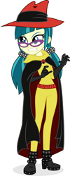 Size: 3401x8518 | Tagged: safe, artist:punzil504, character:juniper montage, character:mare do well, my little pony:equestria girls, absurd resolution, boots, clothing, costume, darkwing duck, disney, ducktales, female, glasses, gritted teeth, hat, negaduck, negamare, pigtails, shoes, simple background, solo, transparent background, twintails