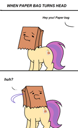 Size: 1016x1664 | Tagged: safe, artist:pencil bolt, oc, oc:paper bag, species:earth pony, species:pony, comic, female, head turn, paper bag, reality ensues