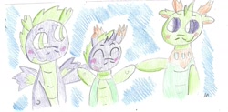Size: 1909x938 | Tagged: safe, artist:ptitemouette, character:spike, character:thorax, oc, oc:love bug, parent:spike, parent:thorax, parents:thoraxspike, species:changeling, species:reformed changeling, ship:thoraxspike, father and son, gay, hybrid, interspecies offspring, magical gay spawn, male, offspring, shipping, traditional art