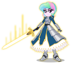 Size: 5000x4443 | Tagged: safe, artist:orin331, character:princess celestia, my little pony:equestria girls, absurd resolution, anime, armor, excalibur, fate/grand order, fate/stay night, female, saber, solo, sword, weapon, young celestia