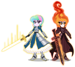 Size: 5000x4479 | Tagged: safe, artist:orin331, character:daybreaker, character:princess celestia, my little pony:equestria girls, absurd resolution, anime, armor, corrupted, duo, equestria girls-ified, excalibur, excalibur morgan, fate/grand order, fate/stay night, female, saber, saber alter, sword, weapon, young celestia