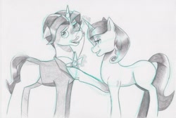 Size: 1850x1246 | Tagged: safe, artist:saturdaymorningproj, character:fancypants, character:fleur-de-lis, species:pony, species:unicorn, ship:fancyfleur, female, looking at each other, male, mare, monochrome, open mouth, pencil drawing, raised hoof, shipping, simple background, sketch, stallion, straight, traditional art, white background