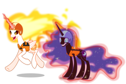 Size: 4000x2691 | Tagged: safe, artist:orin331, character:daybreaker, character:nightmare moon, character:princess celestia, character:princess luna, species:alicorn, species:pony, episode:between dark and dawn, g4, my little pony: friendship is magic, duo, ethereal mane, female, galaxy mane, helmet, magic, magic aura, mane of fire, mare, siblings, simple background, sisters, telekinesis, transparent background