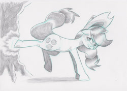 Size: 1592x1143 | Tagged: safe, artist:saturdaymorningproj, character:applejack, species:earth pony, species:pony, applebucking, female, looking at you, mare, monochrome, pencil drawing, simple background, sketch, solo, traditional art, tree, white background
