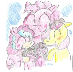 Size: 1006x989 | Tagged: safe, artist:ptitemouette, character:pinkie pie, oc, oc:cheese cake, oc:cheese party, oc:coquillage, oc:surprise, parent:cheese sandwich, parent:pinkie pie, parent:princess skystar, parents:cheesepie, parents:skypie, female, hug, hybrid, interspecies offspring, magical lesbian spawn, mother and child, mother and daughter, offspring, siblings