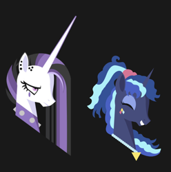 Size: 1122x1130 | Tagged: safe, artist:samoht-lion, character:princess celestia, character:princess luna, species:alicorn, species:pony, episode:between dark and dawn, g4, my little pony: friendship is magic, 80s, 80s princess luna, alternate hairstyle, black background, bust, eyes closed, female, grin, hooves, horn, jewelry, lineless, mare, necklace, portrait, punklestia, simple background, smiling, solo