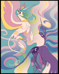 Size: 714x895 | Tagged: safe, artist:probablyfakeblonde, character:princess celestia, character:princess luna, species:alicorn, species:pony, chest fluff, cloven hooves, colored hooves, colored wings, duo, ethereal mane, female, flying, leonine tail, looking at each other, mare, multicolored wings, royal sisters, siblings, sisters, spread wings, unshorn fetlocks, wings