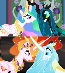 Size: 1280x1445 | Tagged: safe, artist:orin331, edit, edited screencap, screencap, character:nightmare star, character:princess celestia, character:queen chrysalis, species:changeling, species:reformed changeling, episode:a canterlot wedding, episode:the cutie re-mark, episode:to where and back again, g4, my little pony: friendship is magic, absurd resolution, alternate timeline, alternate universe, ashlands timeline, barren, changeling queen, evil, female, good, implied genocide, mane of fire, post-apocalyptic, purified chrysalis, role reversal, wasteland