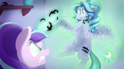 Size: 1280x720 | Tagged: safe, artist:faith-wolff, character:starlight glimmer, oc, oc:moonbeam glimmer, species:pegasus, species:pony, fanfic:the bridge, angry, crying, cutie mark, cutie mark removal, dark magic, duo, fanfic art, female, magic, mare, red eyes, siblings, sisters, story in the source, strangling