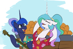 Size: 925x620 | Tagged: safe, artist:anticular, character:princess celestia, character:princess luna, species:alicorn, species:pony, episode:between dark and dawn, g4, my little pony: friendship is magic, banjo, clothing, duo, female, food, hawaiian shirt, hoof hold, hooves behind head, lotta little things, mare, musical instrument, peach, peaches, royal sisters, shirt, siblings, sisters, wagon
