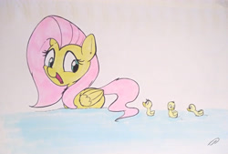 Size: 4008x2716 | Tagged: safe, artist:taurson, character:fluttershy, species:pegasus, species:pony, behaving like a duck, duckling, female, flutterduck, fluttermom, folded wings, looking at someone, looking back, mare, open mouth, pegaduck, smiling, swimming, traditional art, water, wings